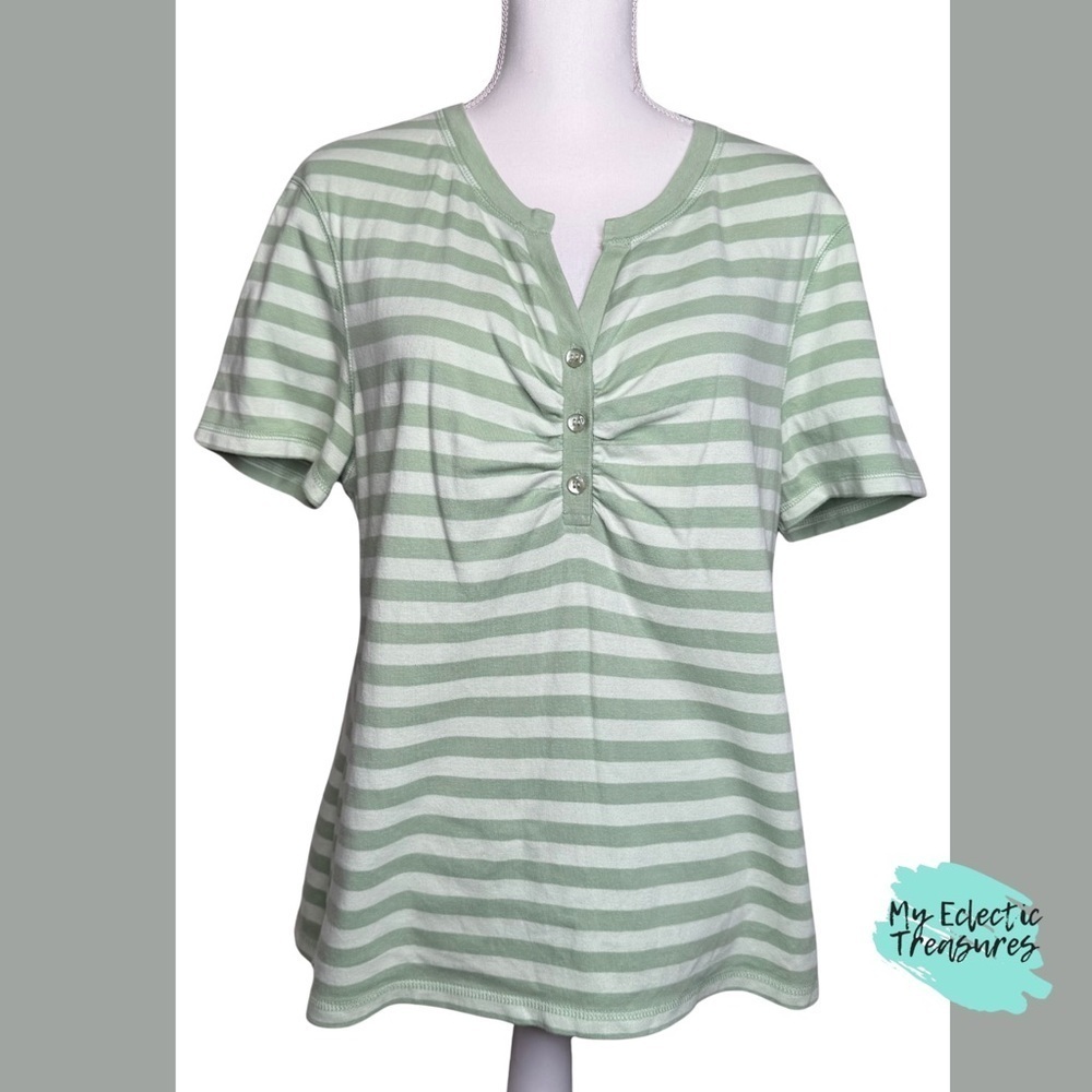 Weatherproof Green Striped Short Sleeve Blouse - Size 2X